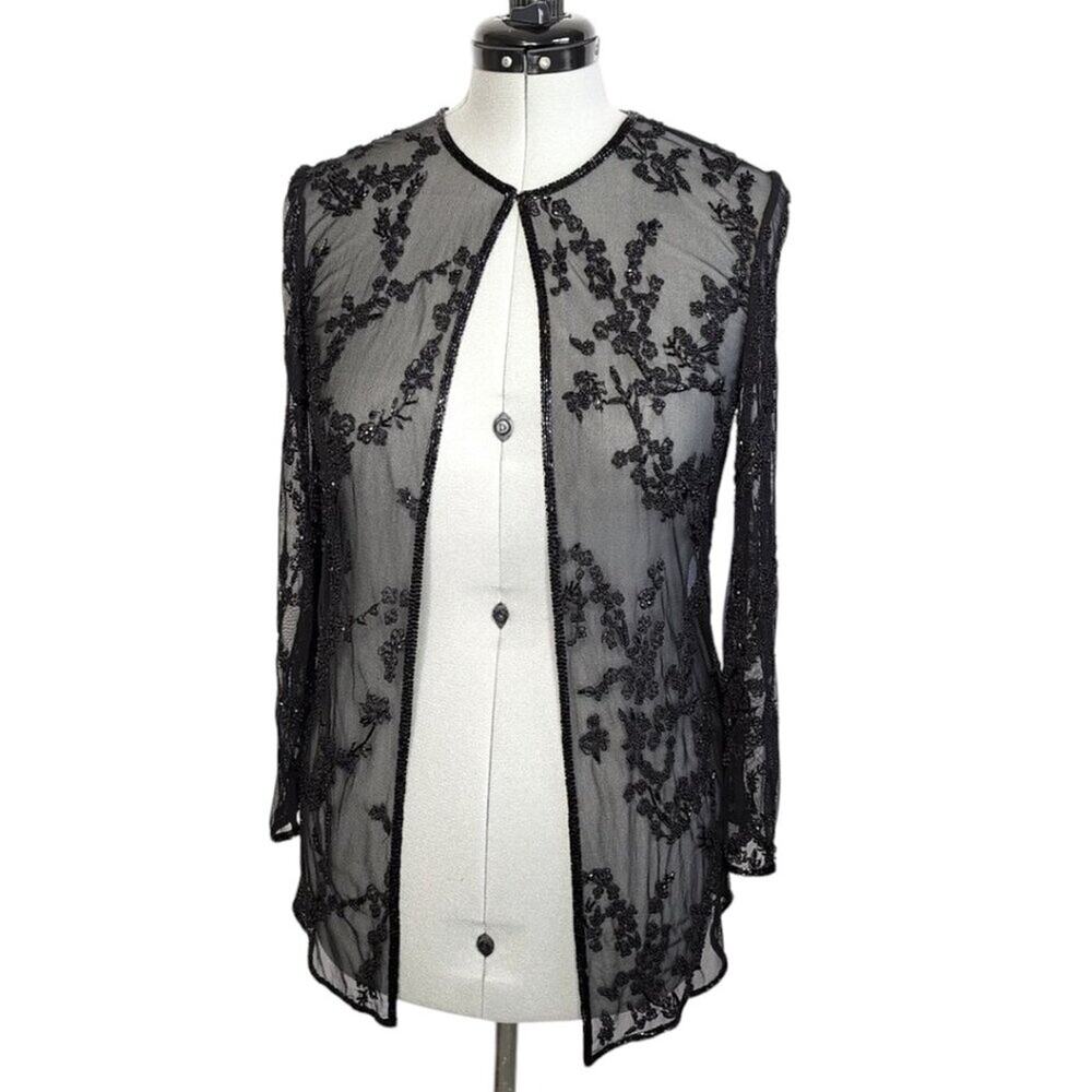 Sheer black beaded cardigan, estimate size large, Whimsigoth, Eclectic, Artsy